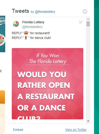 Florida Lottery Tweet: Would you rather open a restaurant or a dance club?