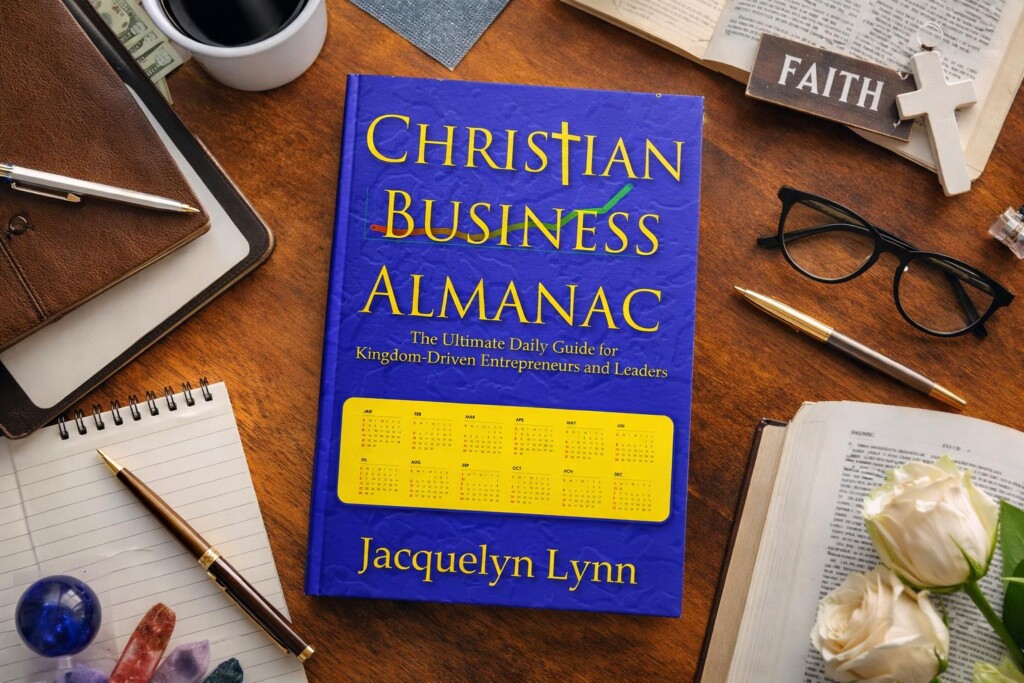 Christian Business Almanac on a desk with other miscellaneous items.