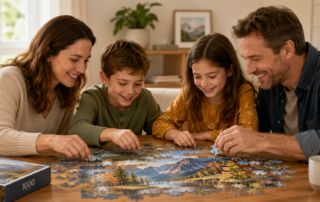 Family gathered around a table working together on a jigsaw puzzle
