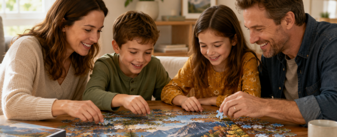 Family gathered around a table working together on a jigsaw puzzle